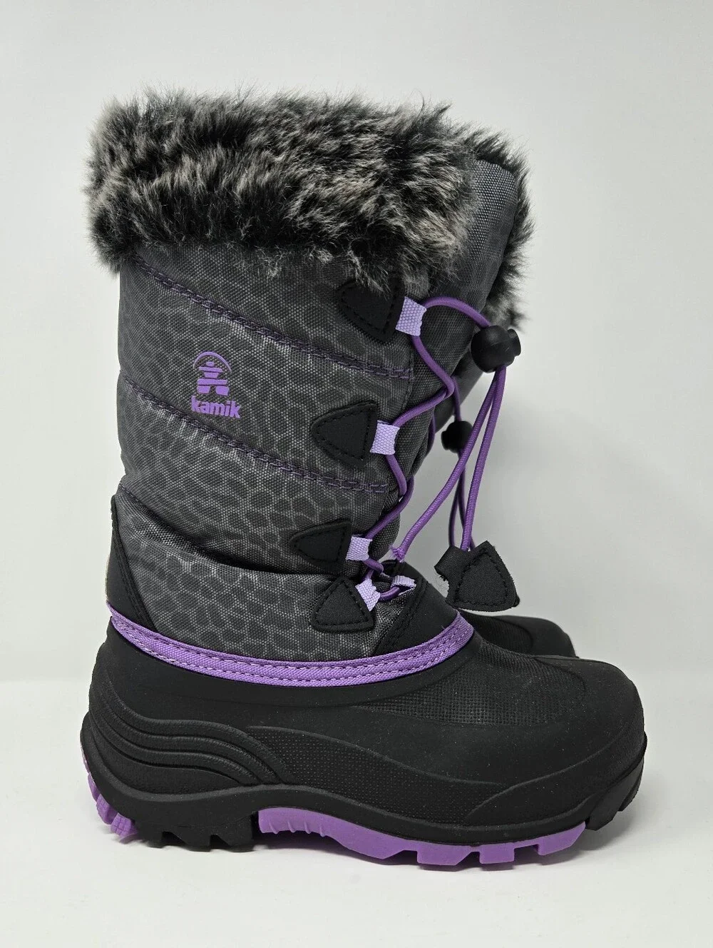 Kamik Girls' Winter Snow Boots - Gray with Purple Trim - Size Girl's Youth 13